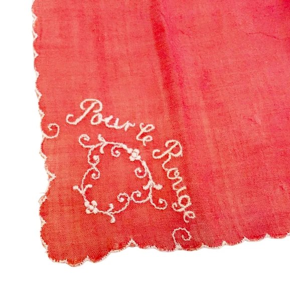 HANKERCHIEF French Red Rouge Embroidered Vintage Retro Cotton 8.5"x8.5" - Picture 5 of 6